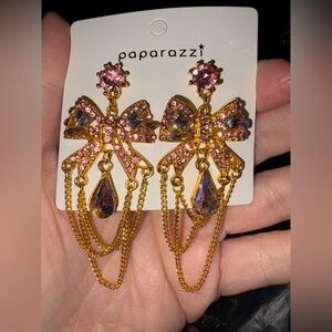 Pink and Gold Chain Bow Earrings